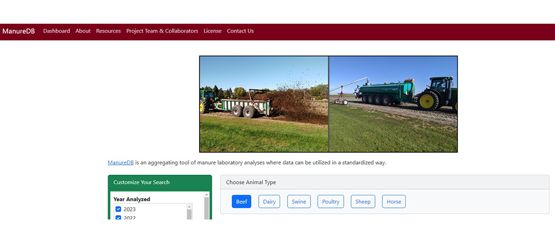 screenshot of the home page of the ManureDB website