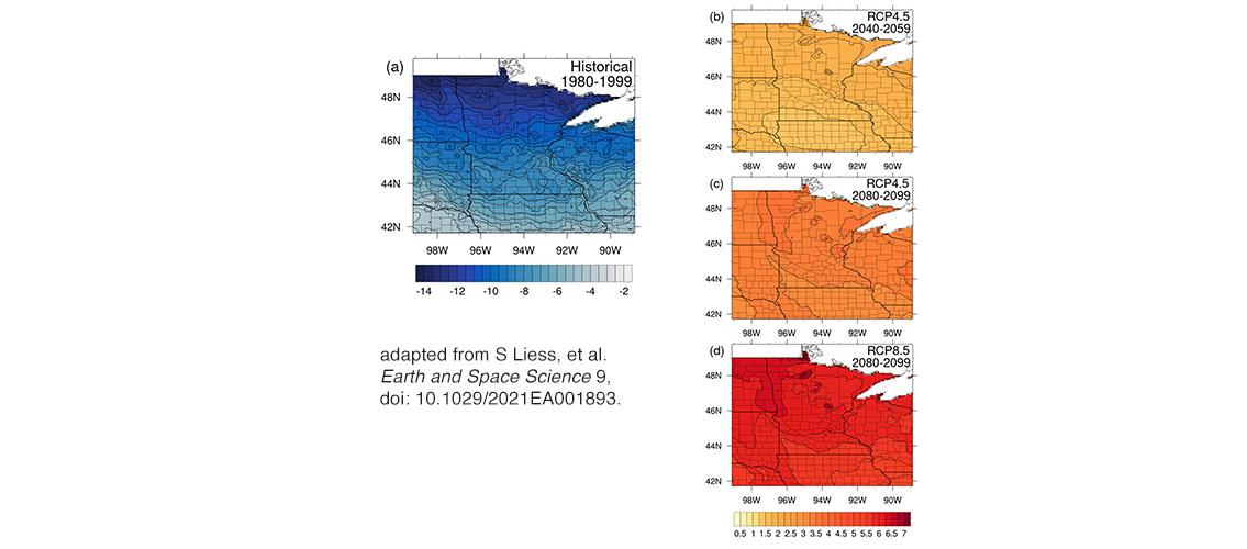 map of state of Minnesota using color to show projected temperature changes