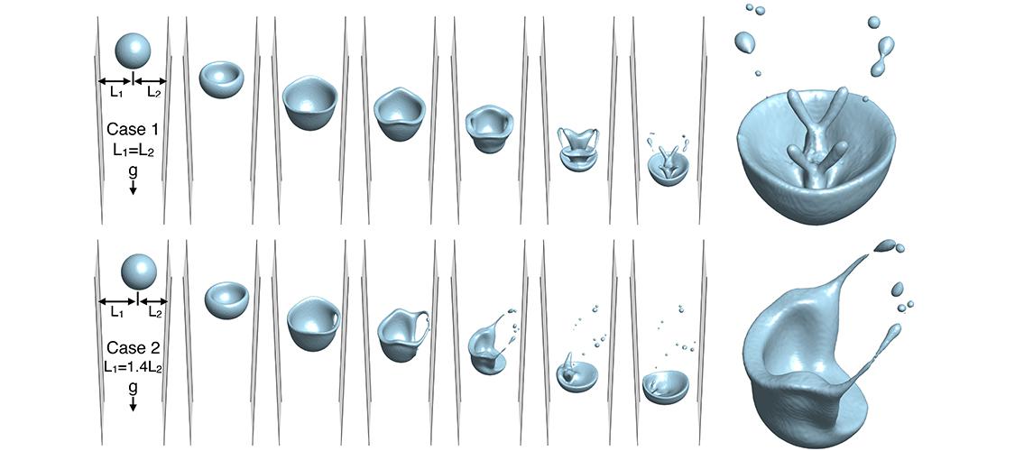 simulations of two droplets falling with different initial conditions