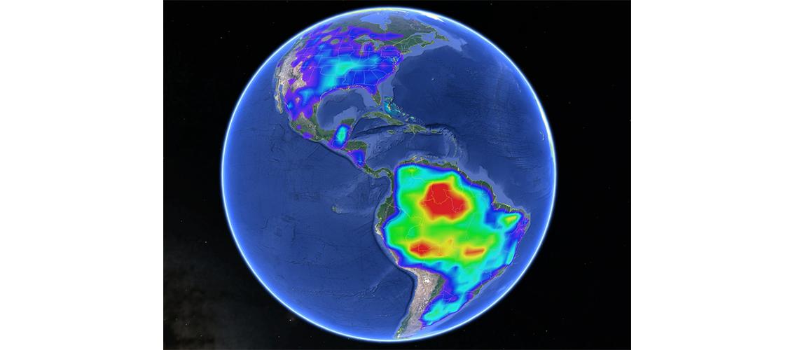 North and South America showing false-color indications of isoprene plumes