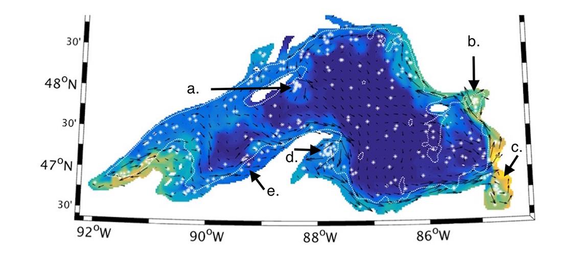 map of Lake Superior showing dispersal of tracers