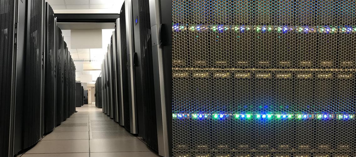 left photo shows lines of supercomputers, right photo is a closeup of a machine's screen