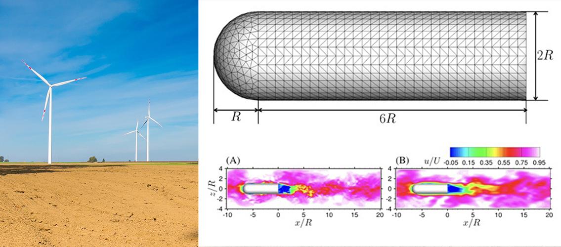 photo of wind turbines; computer graphics of air flow over turbine nacelle