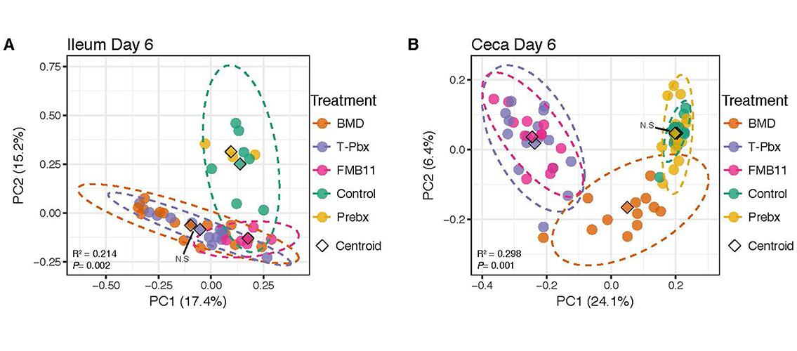 graphic showing similarity of antibiotics and probiotics' affect on the turkey microbiome