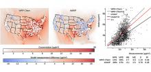 Maps showing comparison of performance of two models, WRF-Chem and InMAP