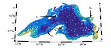 map of Lake Superior showing dispersal of tracers