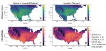 maps showing spread of Palmer amaranth predicted by various models