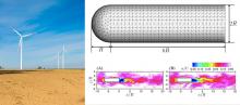 photo of wind turbines; computer graphics of air flow over turbine nacelle